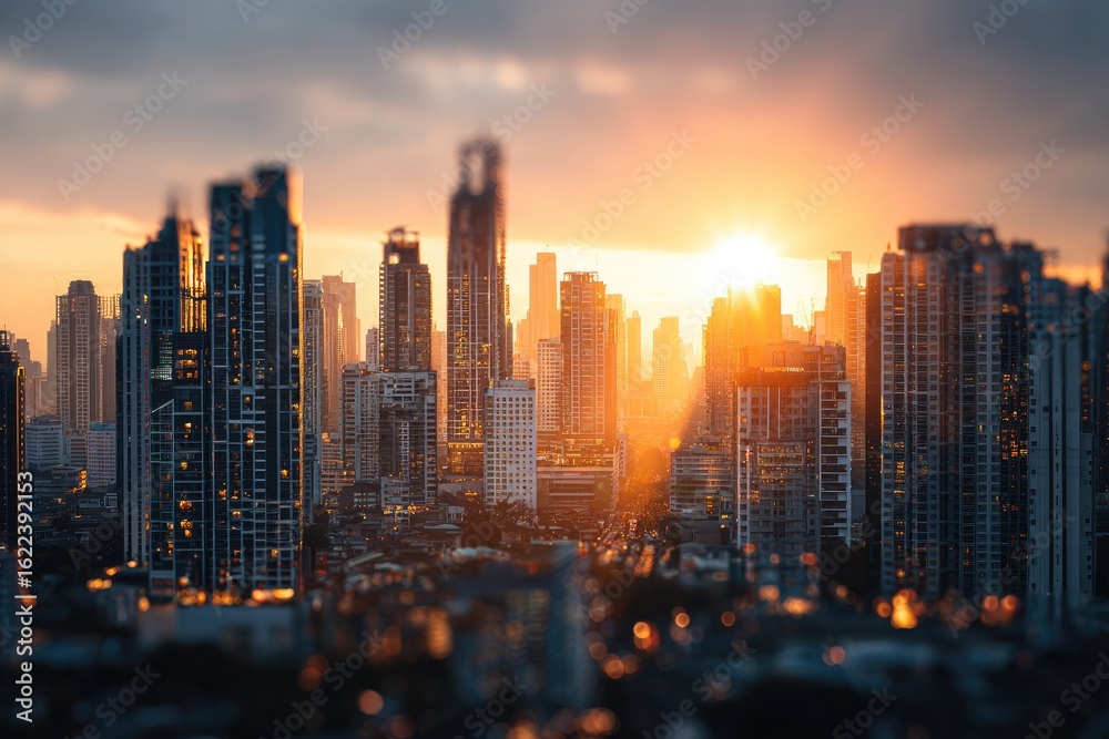 Obraz premium City skyline at sunset, blurred view