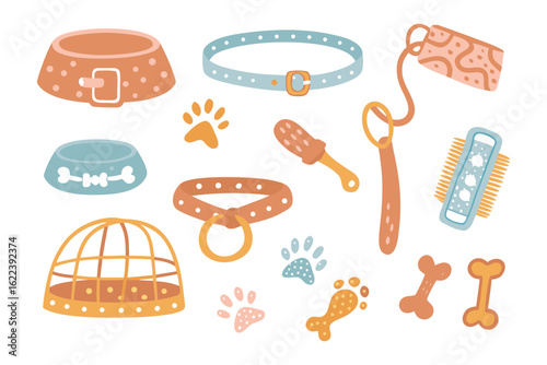 Essential Pet Accessories Array: A captivating array of essential pet accessories, including collars, leashes, bowls, and playful toys, all arranged in a visually pleasing flat-lay style.