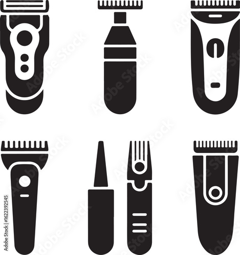 Electric Grooming Tools Solid Icon Set – Electric Razor, Beard Trimmer, Nose Hair Trimmer, Hair Clippers, Electric Shaver, Facial Grooming Essentials