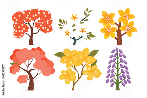 Blooming Botanical Garden: A curated array of flourishing flowering tree illustrations. Capturing the vibrancy of nature's beauty in an illustrative style.