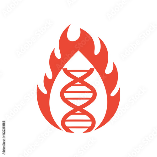 Red D N A helix symbol engulfed in stylized flames on a white background gene science