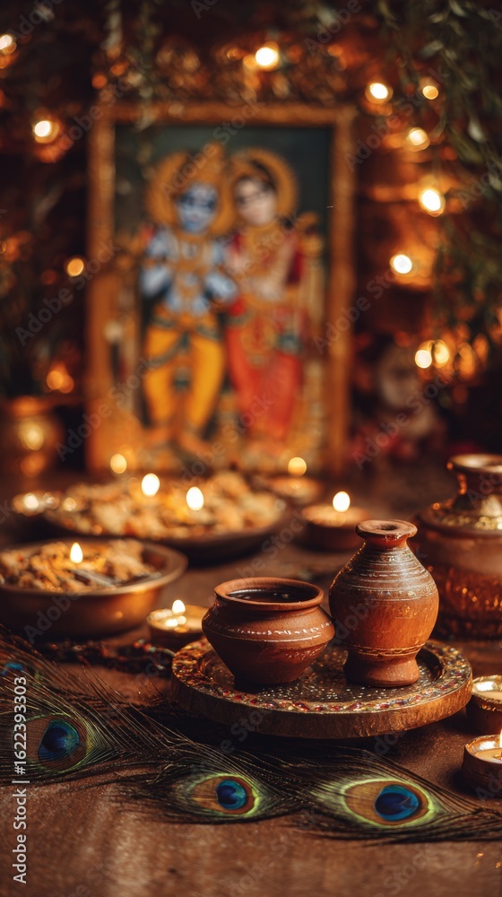 Fototapeta premium Janmashtami celebration with krishna and radha