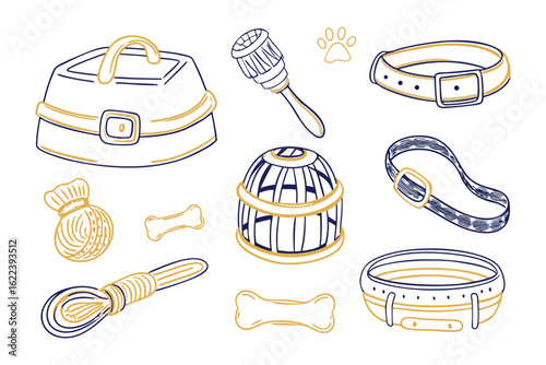 Pet Essentials Collection: An artistic flat lay showcases a variety of essential pet items, expertly crafted to evoke the warmth of caring and nurture. 