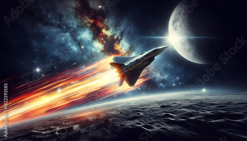 Dramatic Space Jet Racing Above Lunar Surface with Light Effects