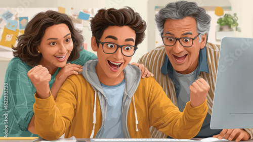 college boy checking result on laptop parents standing on background