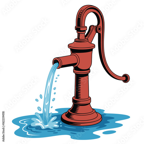 Vintage red water pump with flowing water and splashing puddle