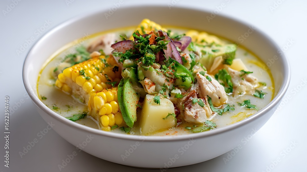 Serving of Chicken Soup with Corn and Avocado in White Bowl Serving of Chicken Soup with Corn and Avocado in White Bowl