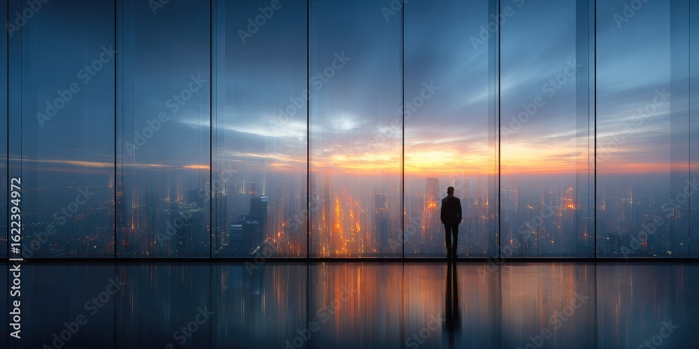 Silhouette figure gazing at cityscape sunrise Silhouette figure gazing at cityscape sunrise