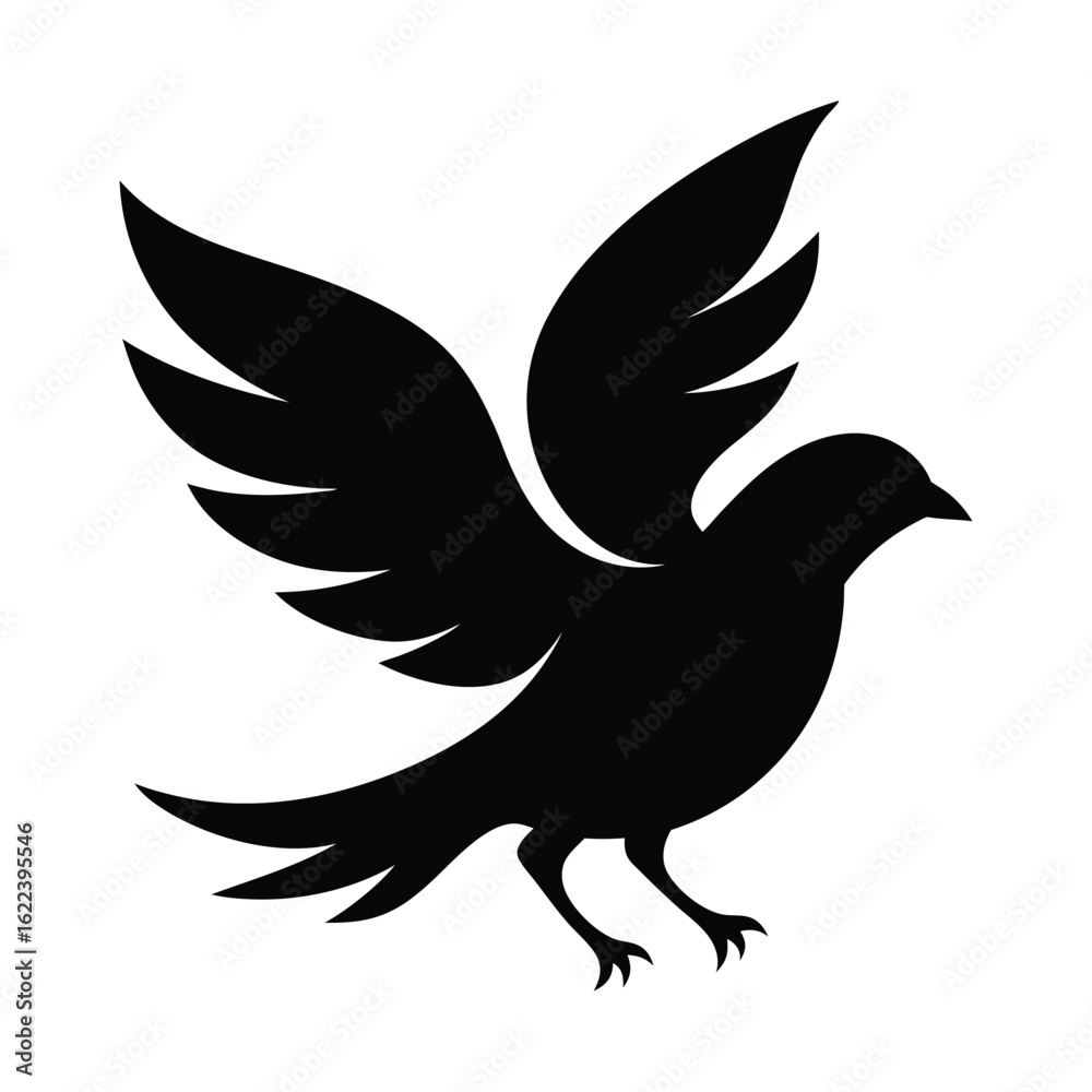Obraz premium A minimalist black silhouette of a bird with its wings spread wide, appearing to be in mid-flight or landing.