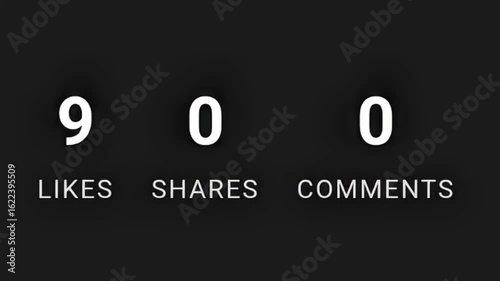 Social media engagement counter with animated numbers counting up from zero to show growing likes, shares, and comments. Perfect for marketing content and social analytics.