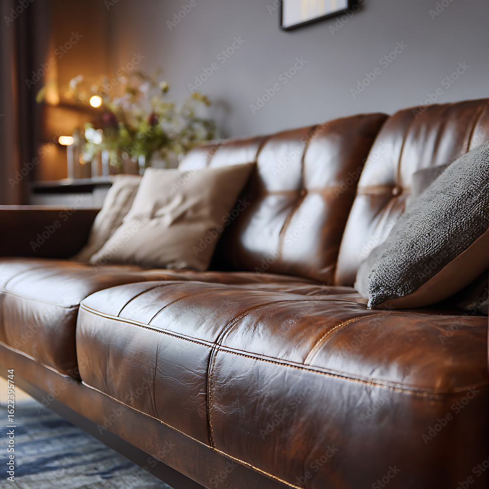 Fototapeta premium Close up of a tufted brown leather sofa with throw pillows in a living room brown sofa interior