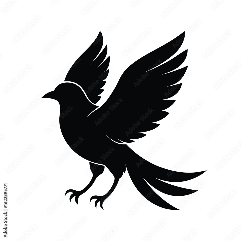 Obraz premium A stylized black silhouette of a bird with its wings fully extended, captured mid-flight against a white background.