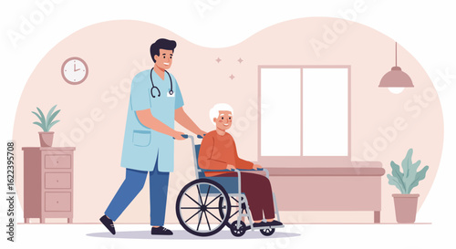 Medical Nurse in Nursing Home Helping Elderly Patient.