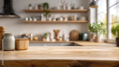 Wallpaper Mural Wooden kitchen counter, blurred background, shelves,  natural light Torontodigital.ca