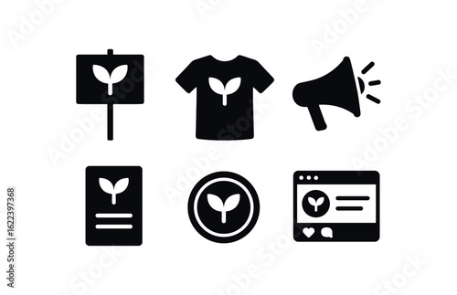 flat black solid icon items isolated on white background environmental activist (tools): signboard t shirt bullhorn info leaflet badge media post