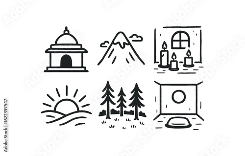 hand drawn cute doodle style line isolated on white background spiritual (scenes): temple mountain candlelit room sunrise forest clearing silent space