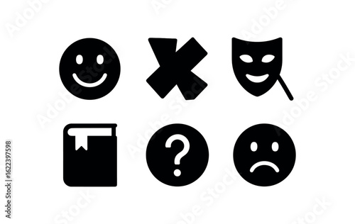 flat black solid icon items isolated on white background visual distortion (uses): mood setting abstraction concealment storytelling confusion emotion