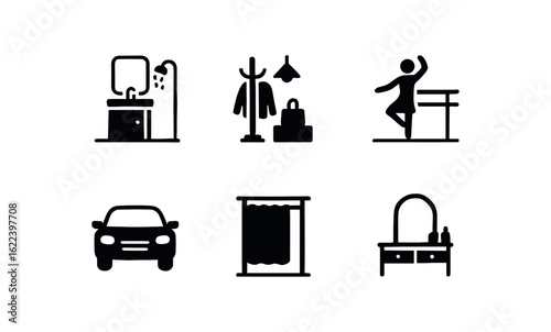 flat black solid icon items isolated on white background mirror reflection (contexts): bathroom hallway dance studio fitting room vanity
