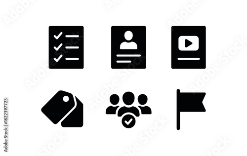 flat black solid icon items isolated on white background ideological screening (tools): survey profile form media audit tag system group rule flag marker