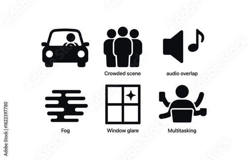 flat black solid icon items isolated on white background occlusion perception (contexts): driving crowded scene audio overlap fog window glare multitasking