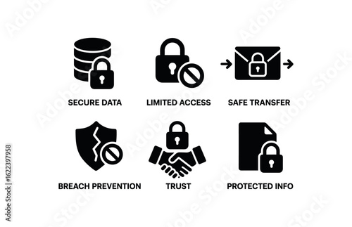 flat black solid icon items isolated on white background data encryption (outcomes): secure data limited access safe transfer breach prevention trust protected info