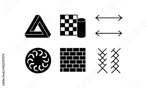 flat black solid icon items isolated on white background optical illusion (examples): Penrose triangle checker shadow Muller Lyer rotating snakes cafe Zollner lines