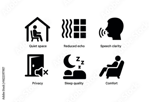 flat black solid icon items isolated on white background soundproofing (benefits): quiet space reduced echo speech clarity privacy sleep quality comfort