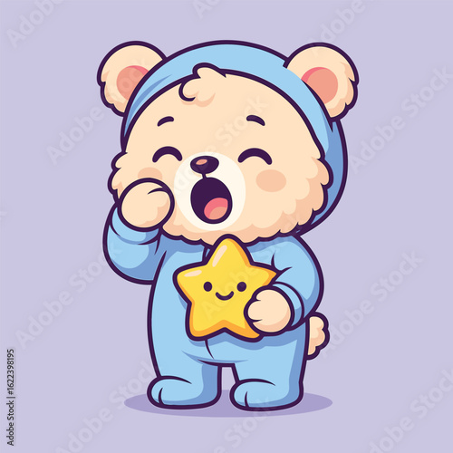 Cute bear in pastel onesie yawning while holding glowing star night light, kawaii bedtime illustration