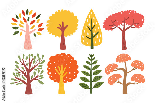 Colorful Tree Varieties: A vibrant collection of stylized trees, showcasing diverse shapes and autumnal hues, perfect for adding a touch of nature to any design.