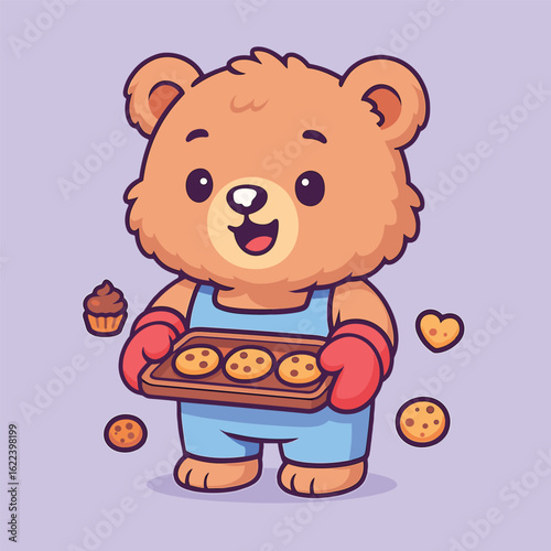 Kawaii bear baking cookies with heart mitts, flour on nose, pastel kitchen treats vector illustration