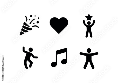 flat black solid icon items isolated on white background euphoria (contexts): celebration love achievement dance music freedom