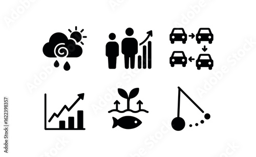 flat black solid icon items isolated on white background chaos theory (examples): weather system population model traffic flow stock market ecosystem pendulum