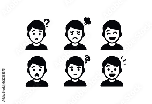 flat black solid icon items isolated on white background adolescence (emotions): curiosity frustration joy fear confusion excitement