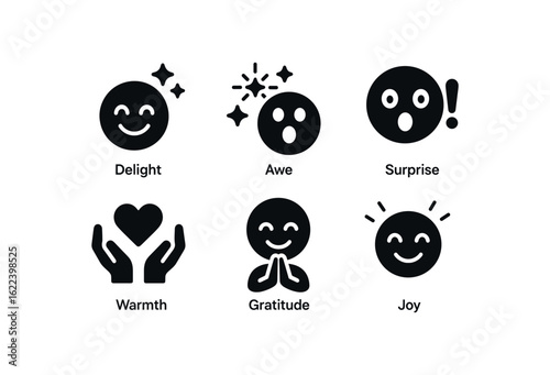 flat black solid icon items isolated on white background serendipity (feelings): delight awe surprise warmth gratitude joy
