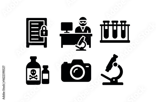 flat black solid icon items isolated on white background forensic scientist (lab): evidence locker workstation test tube rack chemical bottles camera microscope