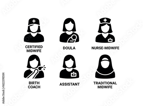 flat black solid icon items isolated on white background midwife (roles): certified midwife doula nurse midwife birth coach assistant traditional midwife