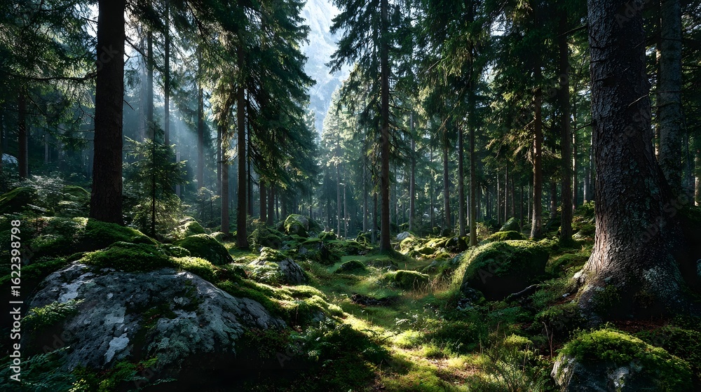 Obraz premium Mossy Forest with Sunlight