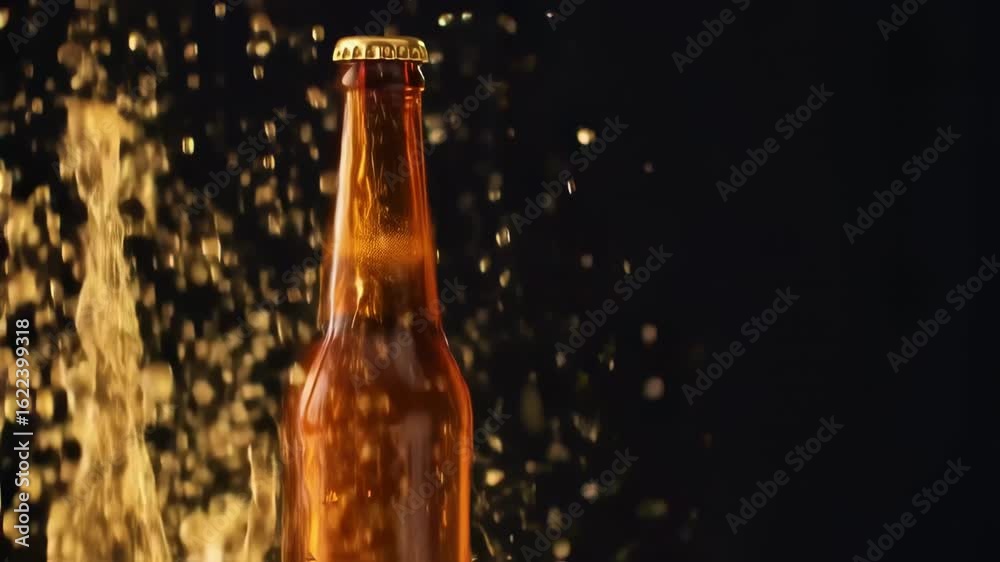 A glass beer bottle erupts with effervescence in a fiery display against a black backdrop