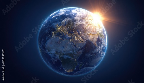Earth globe, sunrise view from space