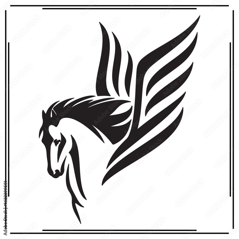 Obraz premium Winged Horse Silhouette – Pegasus Design with Elegant Wings – Black and White Vector Icon for Fantasy, Mythical Creatures, and Horse-Themed Illustrations