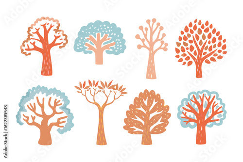 Diverse Tree Collection: A charming collection of illustrated trees showcases the varied forms and textures of nature, offering a unique glimpse into the arboreal world.