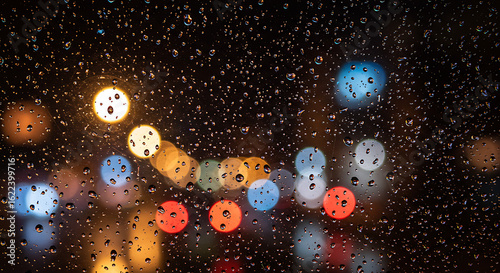Raindrops clinging to glass with blurry city lights twinkling behind creating depth