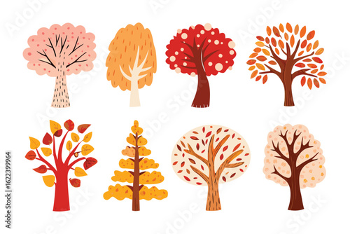Artistic Tree Collection: A charming collection of stylized trees bursts with autumnal colors and whimsical designs, perfect for adding a touch of nature's beauty to any project.