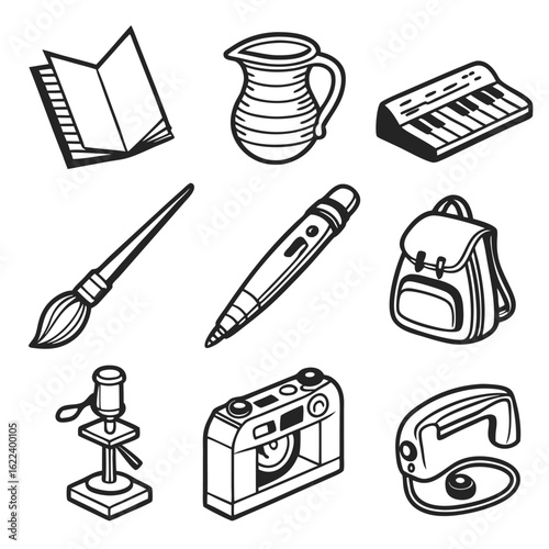 Icon Set Vector Illustration of Sketch Art Supplies Tools and Education Objects in Black and White Simple Minimalist Style