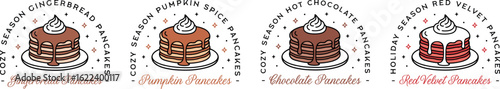 Pancakes stack flavor logo cozy fall holiday winter season aesthetic packaging label sticker design bundle pack. Pumpkin chocolate red velvet gingerbread flavored breakfast retro illustration clipart.