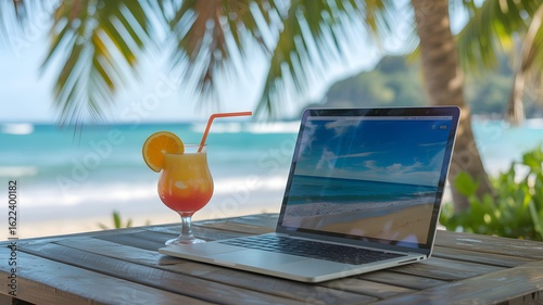 Fototapeta Naklejka Na Ścianę i Meble -  Laptop and cocktail on wooden table with tropical beach background vacation