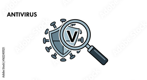 Antivirus software concept with a magnifying glass scanning a virus protected by a security shield. Digital threat detection illustration.