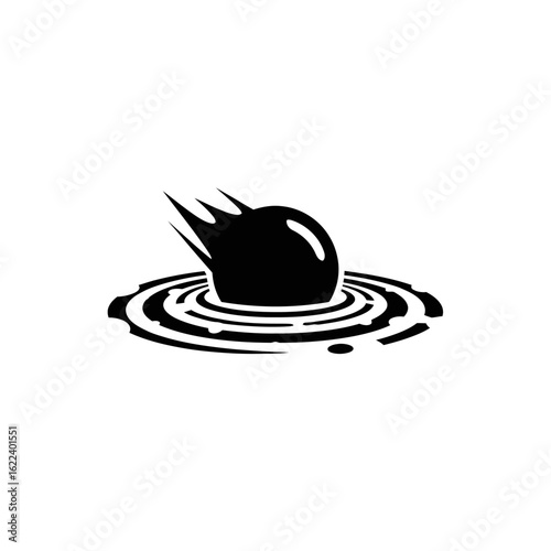 Monochrome illustration capturing the splash of an object entering water surface with concentric ripples