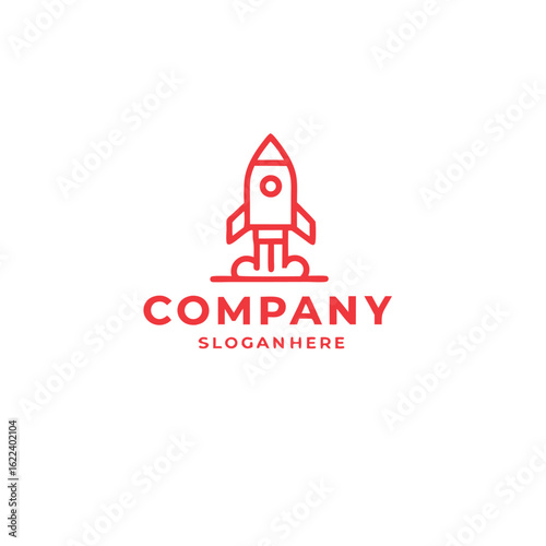 Red line rocket blasts off from an imaginary launchpad below company name and slogan