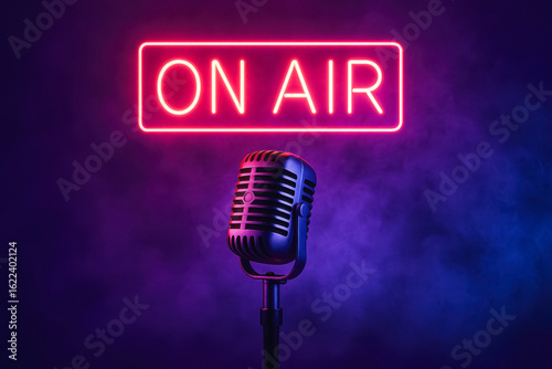 Retro microphone lit by pink neon “ON AIR” sign in smoky purple studio backdrop, generative AI